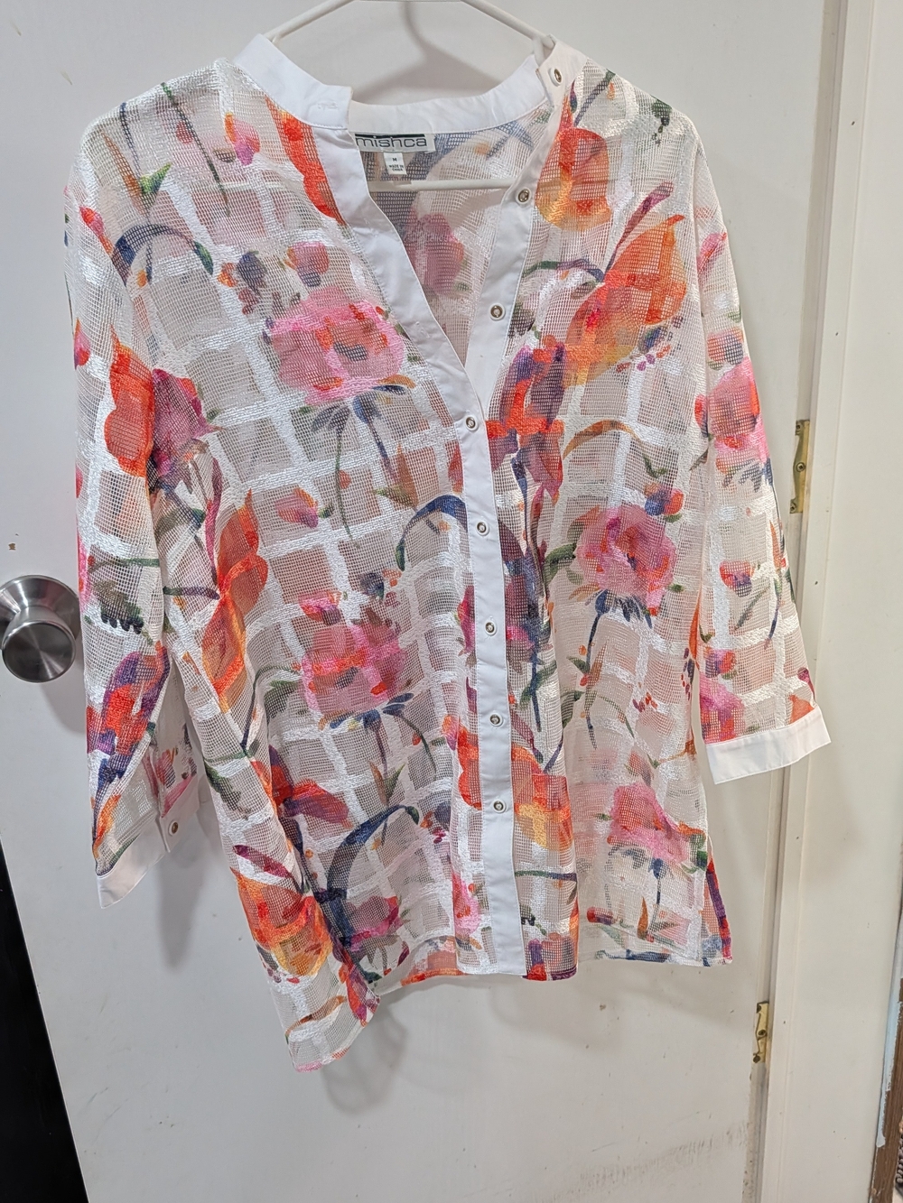 Masca White Sheer Floral Button-Down Shirt with Pink & Orange Bloom